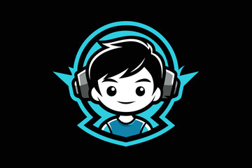 Gaming logo, a gamer cute boy in the middle with headphones. © AL