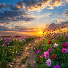 Beautiful landscape of dirt road and cosmos flower field at sunset.  ,Generative ai, Generative, Ai