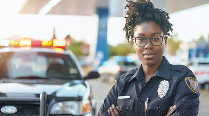 Portrait of an African American policewoman on the street with a police car in the background - obrazy, fototapety, plakaty