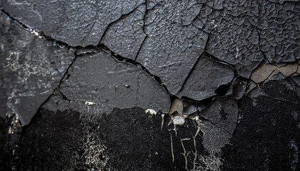 A close-up black and white shot of a cracked wall showing signs of deterioration and wear. The cracks cut through the concrete surface, creating a striking contrast between the dark shadows and light - obrazy, fototapety, plakaty