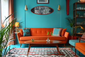 Modern Mid century Teal Retro style apartment interior and living room Sustainable Design. - obrazy, fototapety, plakaty