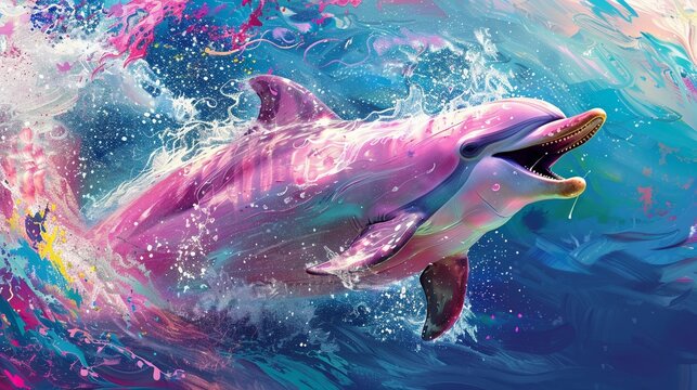 A pink dolphin singing a song vibrant colo