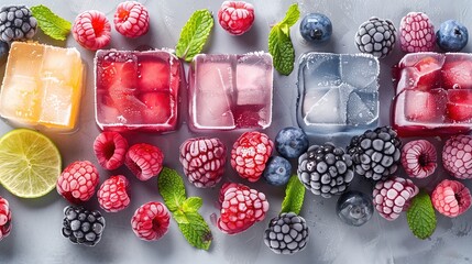Frozen ice cubes with various fruits, blackberries and raspberries, gooseberries and currants, blueberries and mint, copy space