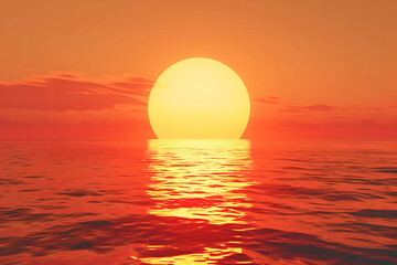Obraz premium Red sunset over the sea. Large and round sun shining brightly against an orange sky with dark clouds. In front of it lies calm water reflecting its light. 