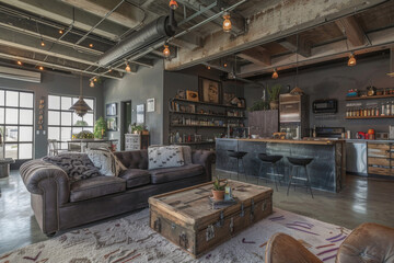 Modern Mid century Gray Industrial style loft interior and living room Biophilic Design. - obrazy, fototapety, plakaty
