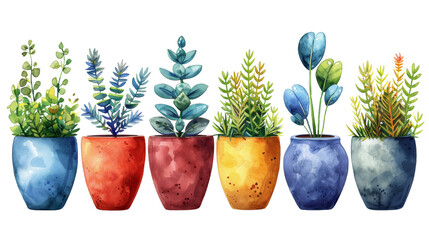 Collage of tiny succulent plants in pots over white transparent background - obrazy, fototapety, plakaty