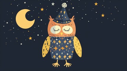 A sleepy owl with a nightcap wears pajamas decorated with stars and moons minimal