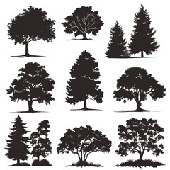 Collection of tree silhouettes isolated on transparent background