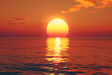 Obraz premium Red sunset over the sea. Large and round sun shining brightly against an orange sky with dark clouds. In front of it lies calm water reflecting its light. 
