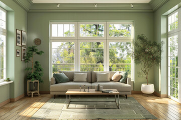 Modern Mid century Green Traditional style house interior and living room Vintage Accents. - obrazy, fototapety, plakaty