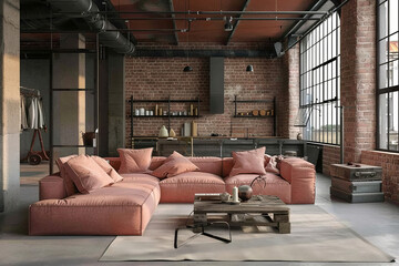 Modern Minimalist blush Pink Industrial style house interior Mindful Living. - obrazy, fototapety, plakaty