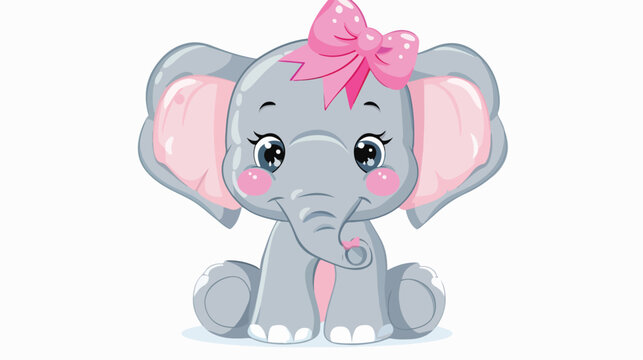 Cute elephant cartoon with pink bow on neck flat vector