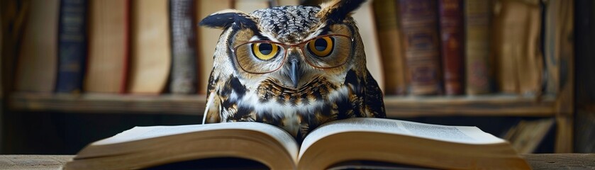 A wise owl wearing reading glasses studies a book filled with fascinating animal facts drawing