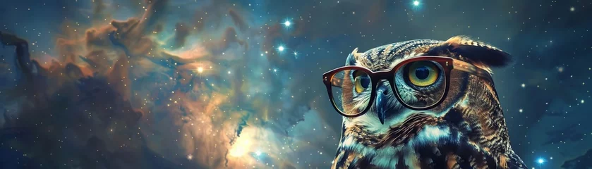 Gordijnen A wise owl wearing glasses teaches a class of young owls about the night sky vibrant colo © Chano_1_na