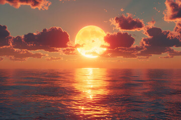 Red sunset over the sea. Large and round sun shining brightly against an orange sky with dark clouds. In front of it lies calm water reflecting its light.  