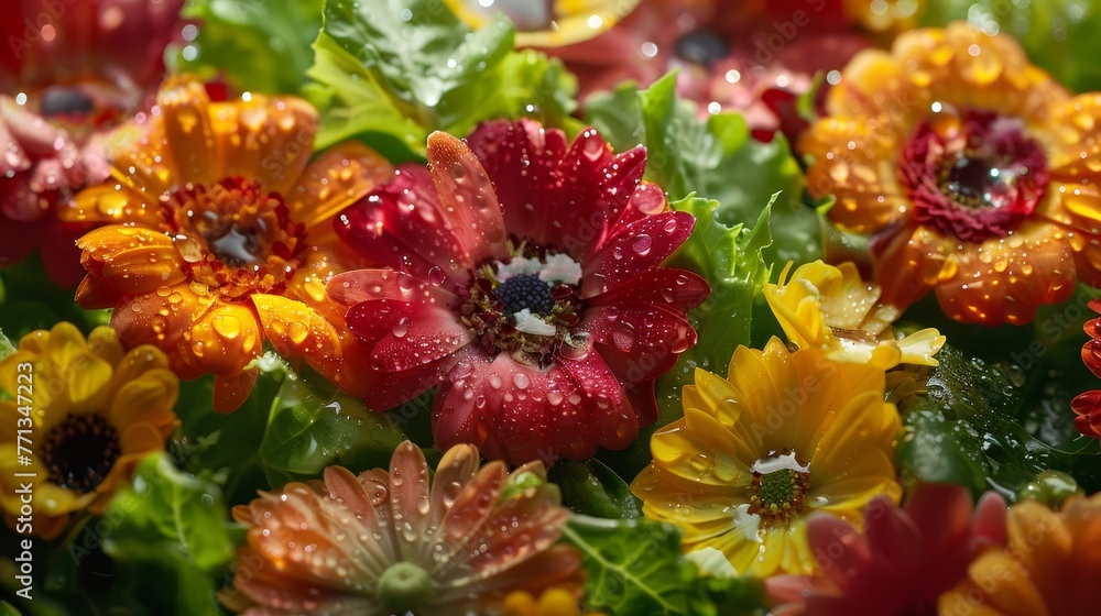 Poster a bouquet of flowers with a few drops of water on them. the flowers are of different colors and size