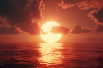Fototapeten Red sunset over the sea. Large and round sun shining brightly against an orange sky with dark clouds. In front of it lies calm water reflecting its light.   © jex