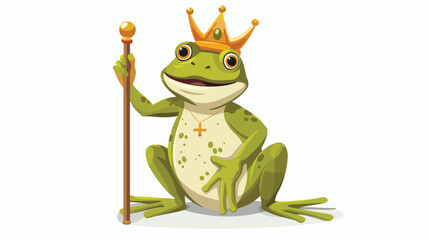 Cute king Cartoon frog with royal stick flat vector 