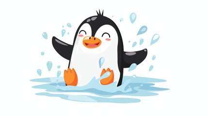 Cute penguin cartoon sliding on water flat vector isolated