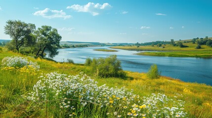 Beautiful summer or spring panoramic rural landscape with calm river and green hills with blooming wild flowers and trees at sunny summer day.River Upa in Tula region, ,Generative ai, 