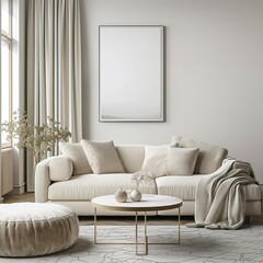 Frame mockup design, modern house background interior, living room wall poster mockup, 3D rendering