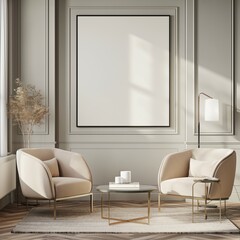 Frame mockup, modern house background interior, living room wall poster mockup, 3D rendering