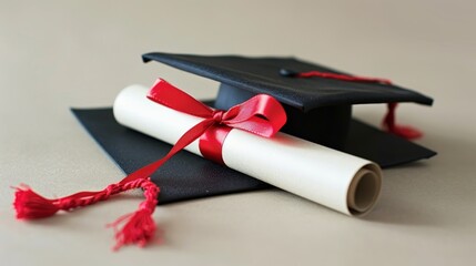 A black cap and gown with a red ribbon sits on top of a white graduation certificate. Concept of accomplishment and pride, as the graduate has completed their studies