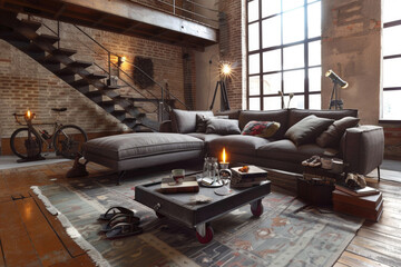 Modern Minimalist Taupe Gray Industrial style house interior and living room Vintage Accents.