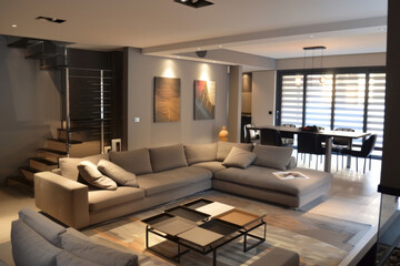 Modern Minimalist Taupe Gray Contemporary style house interior and living room Flexible Furniture.