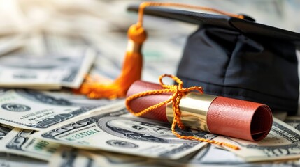 A graduation cap and diploma are on top of a pile of money. Concept of success and accomplishment, as the graduate has just completed their studies and is now ready to enter the workforce - obrazy, fototapety, plakaty