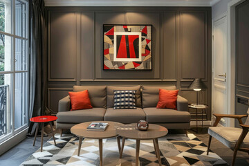 Modern Minimalist Taupe Gray Retro style apartment interior and living room Maximalist Design.