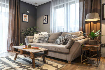 Modern Minimalist Taupe Gray Retro style house interior and living room Emotional Architecture.