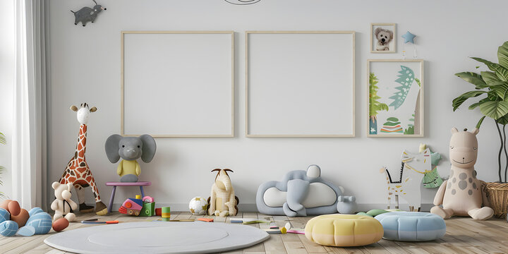 Photo frames mockup in white playroom with rocking chair and toys, Child's Playroom Mockup with Photo Frames, Rocking Chair, and Toy Collection