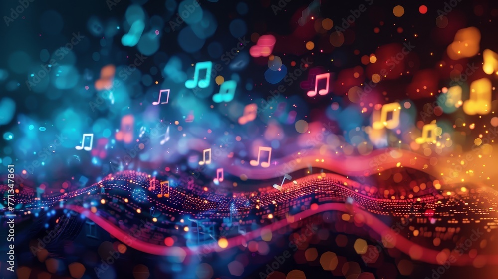 Poster a colorful image of musical notes floating in the air. the notes are scattered all over the image, c