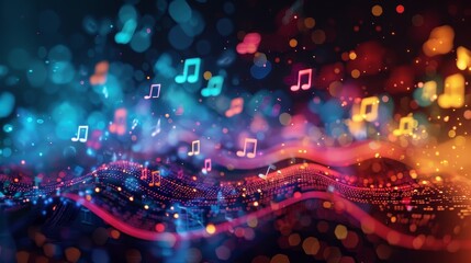A colorful image of musical notes floating in the air. The notes are scattered all over the image, creating a sense of movement and energy. The colors are vibrant and dynamic - obrazy, fototapety, plakaty