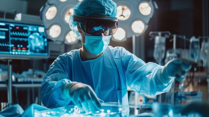 Futuristic surgeon in an operating room interacting with a virtual interface, symbolizing cutting-edge medical technology.