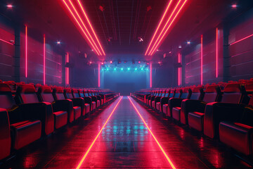 Craft an AI-generated image of a futuristic cinema hall with avant-garde architecture, featuring...