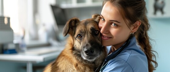 A female veterinarian in blue scrubs bonding with a brown dog, portraying trust and affection, suitable for pet care and animal health themes. - obrazy, fototapety, plakaty