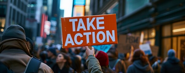 Person holding an orange sign with 'Take Action' at a city street protest. Suitable for civil rights, activism, or political events.