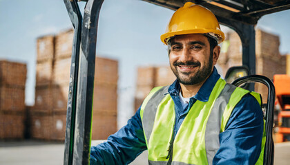 man in protective safety jumpsuit uniform in hardhat at warehouse works with forklift loader. Portrait of professional forklift driver in factory's warehouse. logistics, transportation