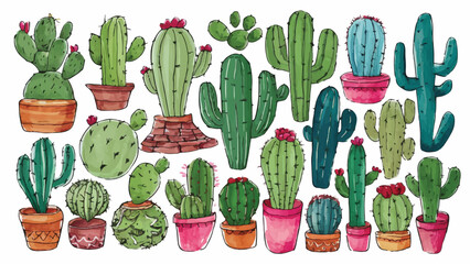 Vintage Style Hand-Drawn Cactus Doodle Set: Whimsical Cartoon Illustrations of Desert Flora, Perfect for Natural Interior Décor