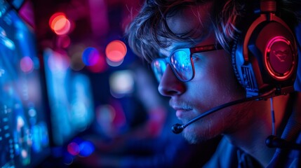 A man wearing glasses and a headset is playing a video game. The image has a moody and intense feel to it, as the man is fully immersed in the game. The blue and red lighting adds to the atmosphere