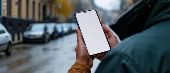 Person holding a smartphone with a blank screen on a rainy city street, ideal for app marketing or interface design presentations.