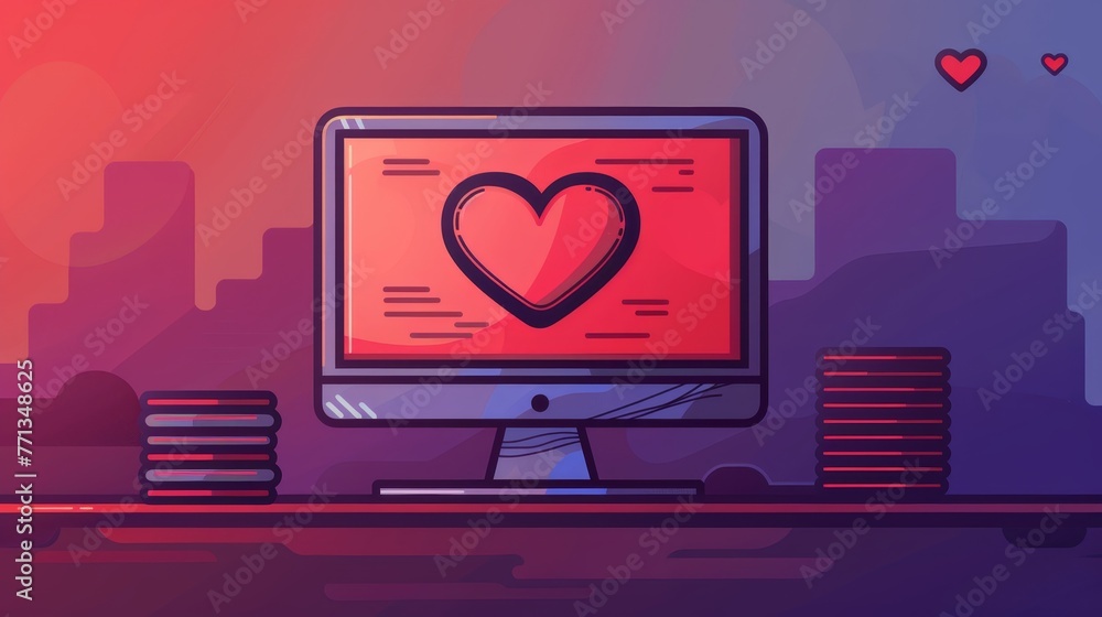 Poster a computer monitor with a heart drawn on it. the heart is red and is placed in the center of the scr