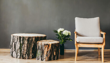 Stylish black and white home interior in rustic style with designer armchair and wooden log...