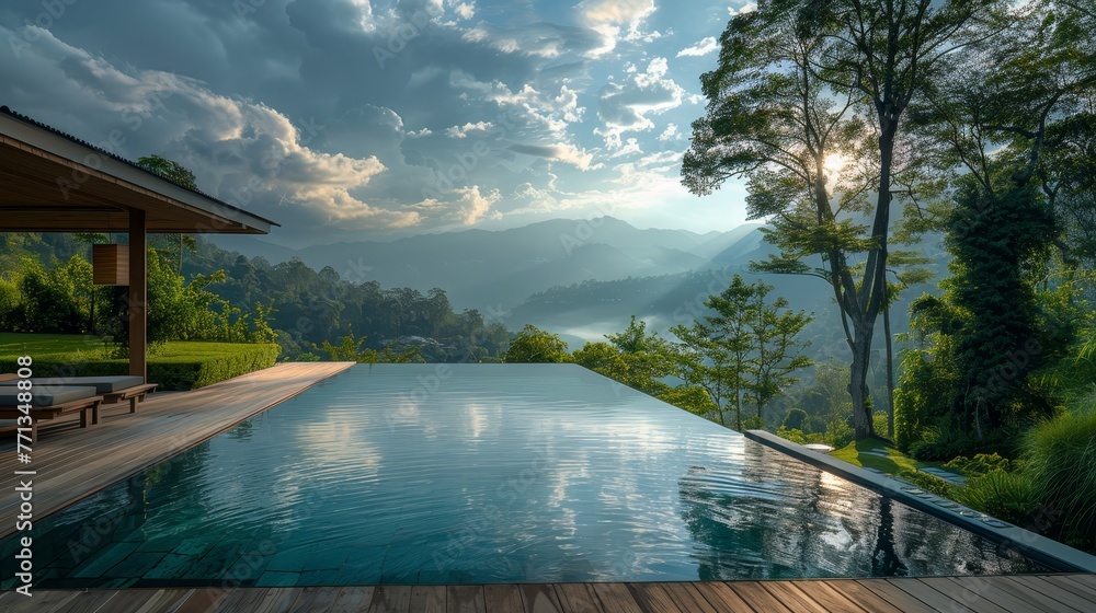 Poster a large pool with a wooden deck and a house in the background. the pool is surrounded by trees and m
