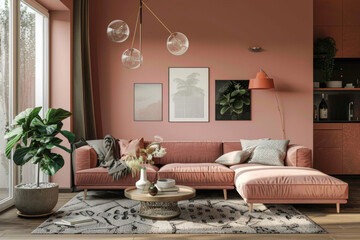 Modern Modern design blush Pink Scandinavian style house interior Sustainable Design. - obrazy, fototapety, plakaty