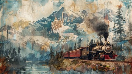 A train is traveling through a snowy mountain range. The train is surrounded by trees and a river. The train is old and steam powered - obrazy, fototapety, plakaty