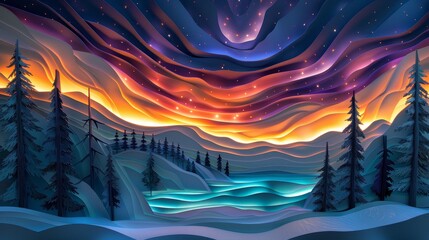 A beautiful landscape with a blue river and trees. The sky is filled with stars and the sun is setting