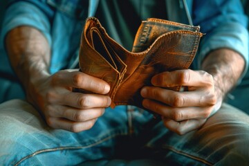  Bankruptcy problem financial concept, Young man opening empty wallet stress to find money to pay debt mortgage period - obrazy, fototapety, plakaty